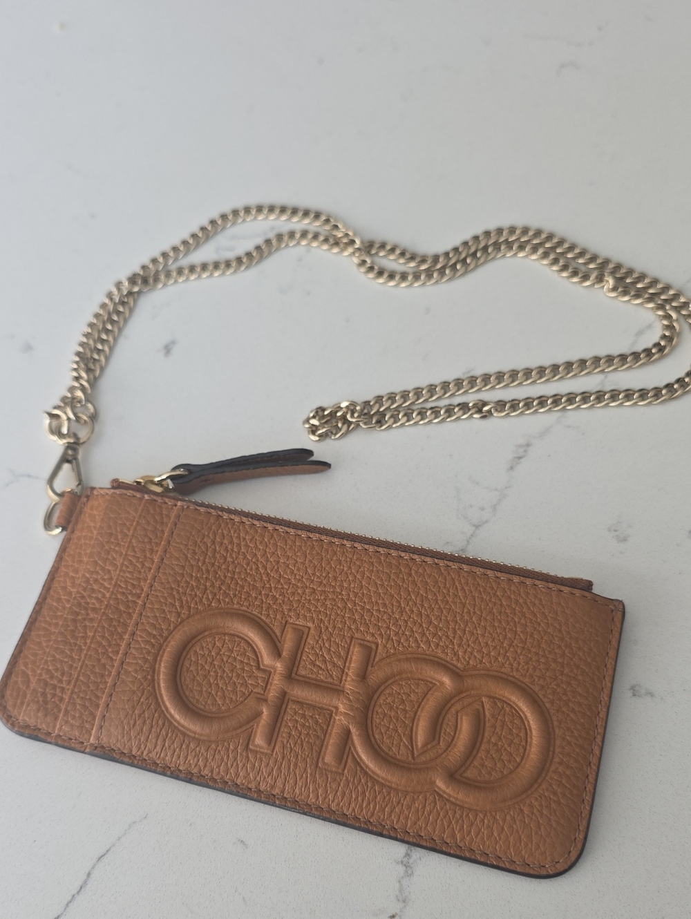 Like New Jimmy Choo Embossed Tan Leather Card Wallet with Gold Chain